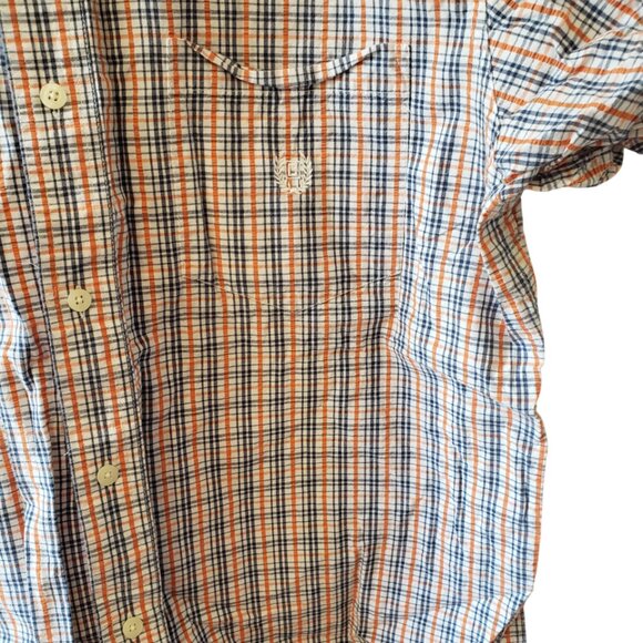 Chaps Shirt Mens L White Blue Plaid Seersucker Button Front Short Sleeve Logo - Picture 3 of 4